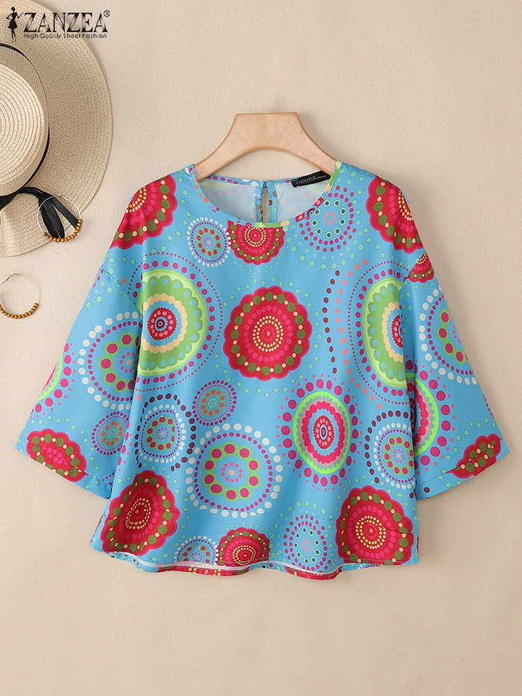 

2025 Autumn Summer Printed Blouses ZANZEA Women Tops Bohemain Holiday Shirt Female Chemise Casual O Neck 3/4 Sleeve Work Blusas