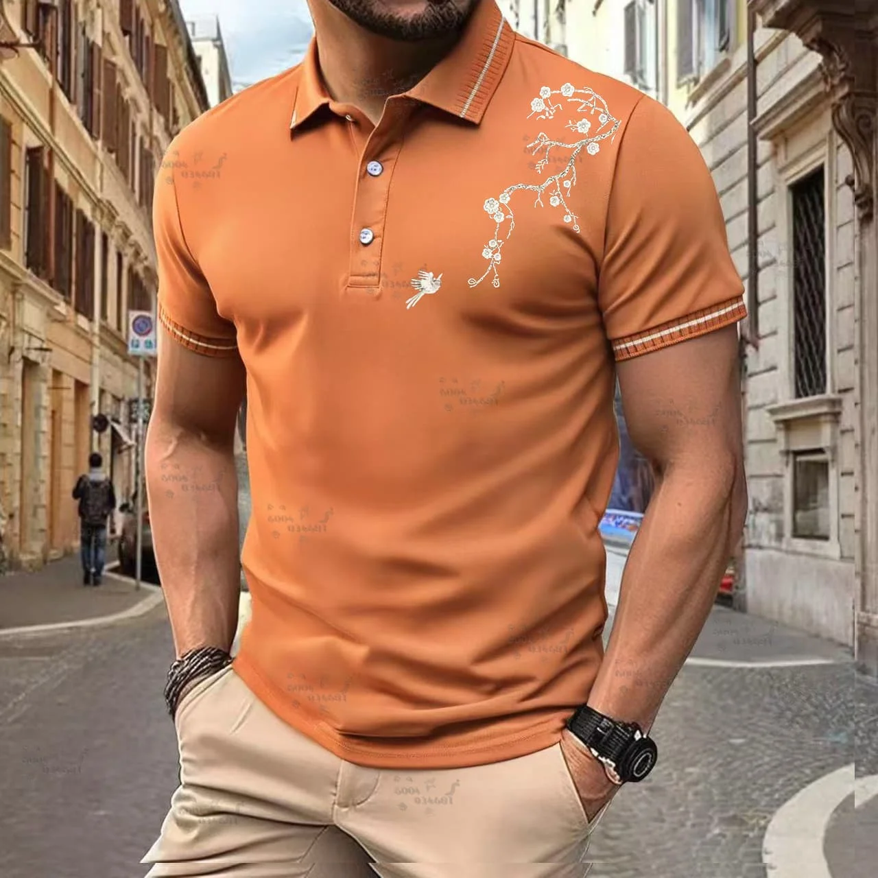 Summer Latest Men's Casual Polo Shirt - Versatile for Daily Use, Cherry Blossom Pattern, Comfortable and Breathable Sports Top