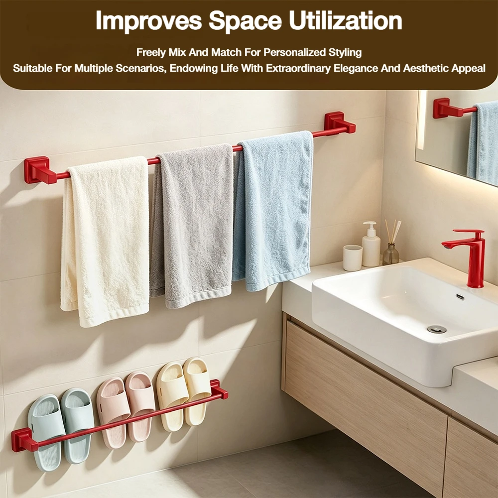 Green 40/50cm Bathroom Towel Bar Towel Rack Red No Drill Wall Mount Towel Bar Yellow Space Aluminum Kitchen Single Rod Towel Bar