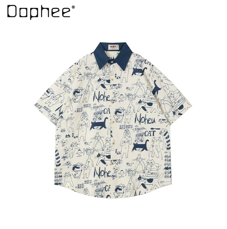

2026 Summer New Men's Cartoon Cat Letter Print Loose Casual Versatile Turned-up Collar Apricot Green Short Sleeve Shirt