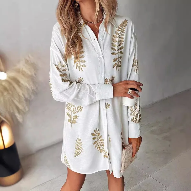 2024 Summer New Women's Clothing Fashion Solid Color Embroidered Leaves Casual Shirt Dress