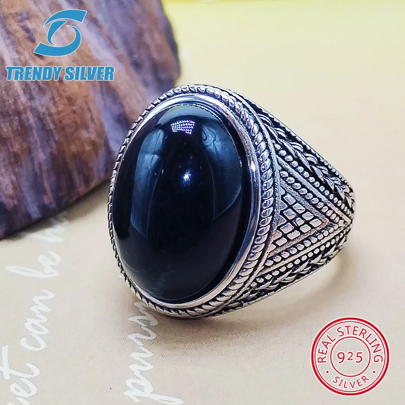 

luxury Mens Man rings real 925 sterling silver certified original jewelry for men natural gemstone black onyx stone ring male