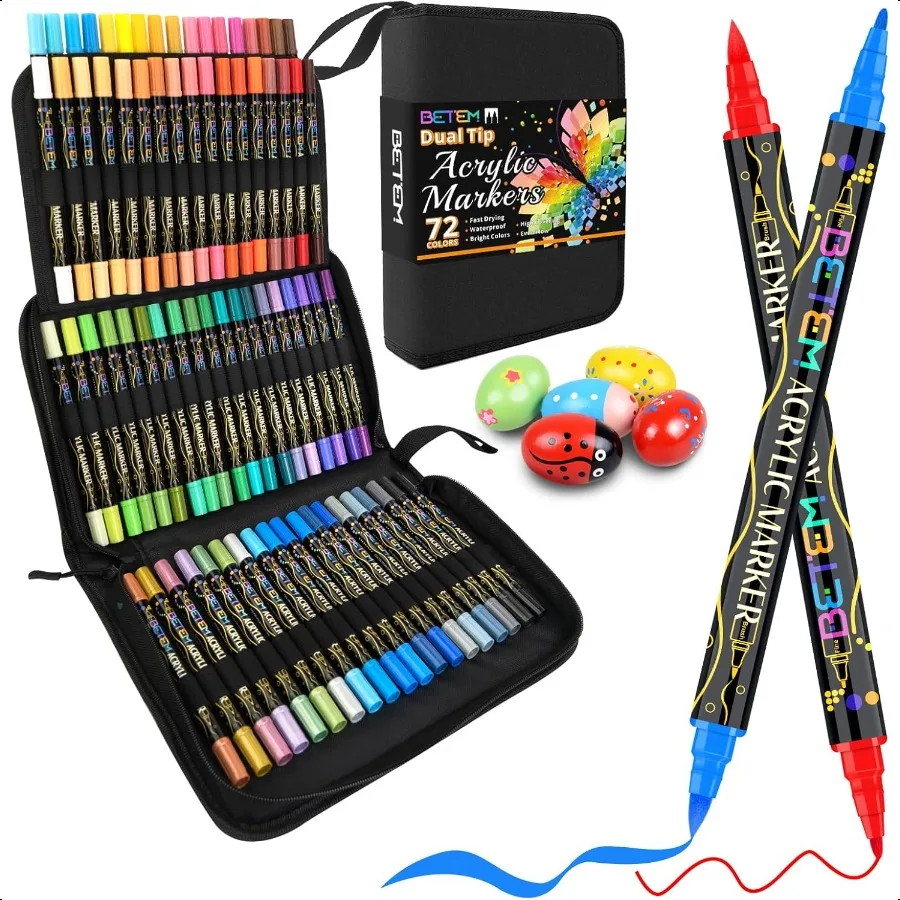 

Betem Paint Markers Acrylic Paint Pens Dual Tip 72 Colors Acrylic Markers with Brush Tip and Fine Point Art plies for Wood Canv