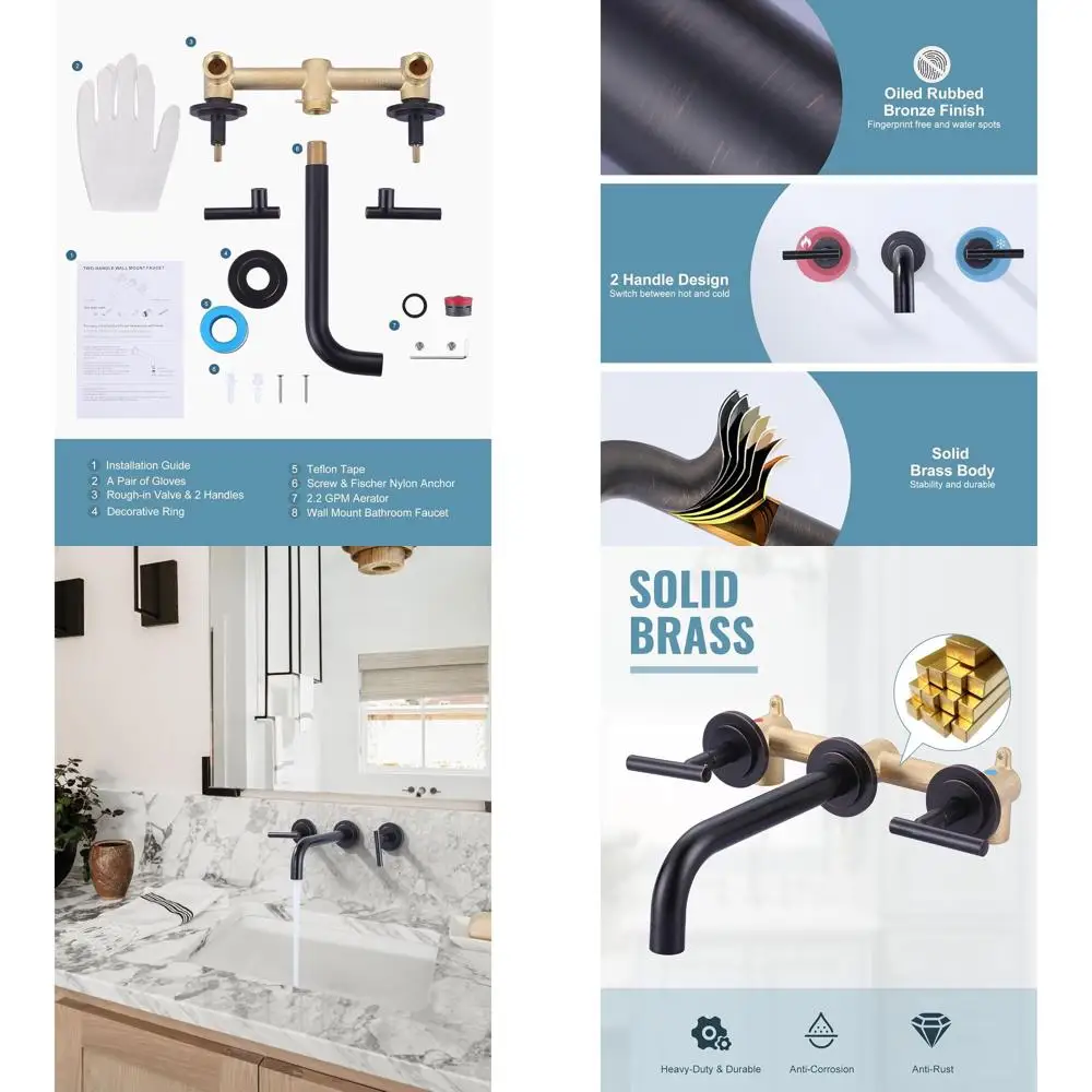 

High Flow Dual Handle Oiled Rubbed Bronze Wall Mount Faucet with Stainless Steel, Long Spout Reach, Widespread for 3-Hole Bathro