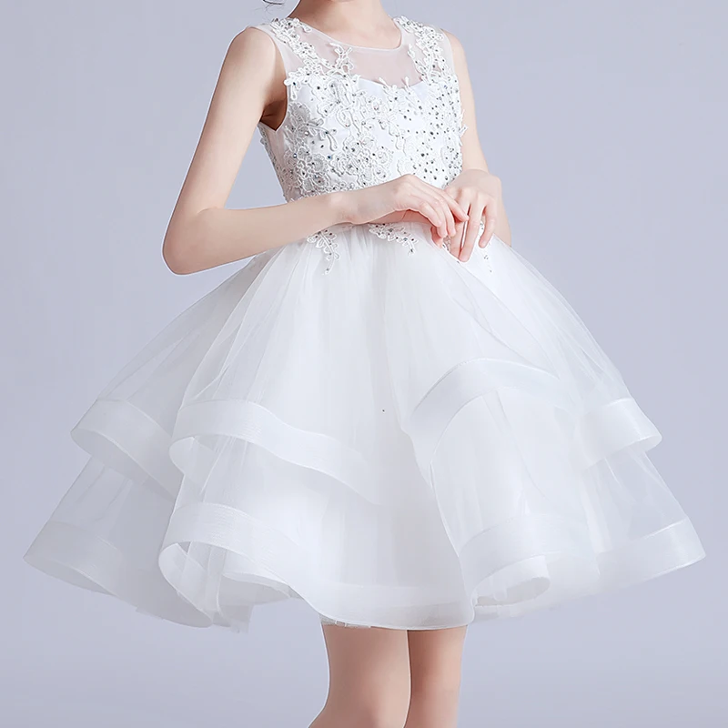 1281 Kids Girl Princess Dress Baby Girl Mesh Sleeveless Dresses Children\'s White Wedding Ceremony Gown