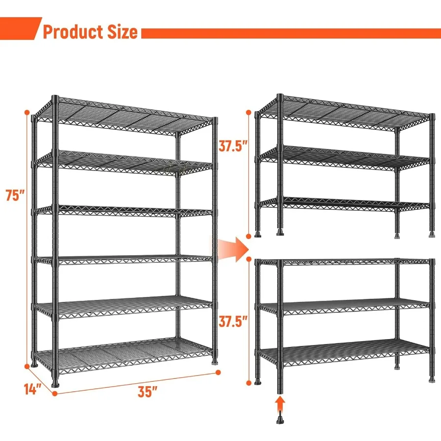 75 H Metal Shelving 6 Tier Storage Shelf Adjustable Kitchen Shelf Wire Shelving Unit Detachable Storage Rack for Kitchen Laundr