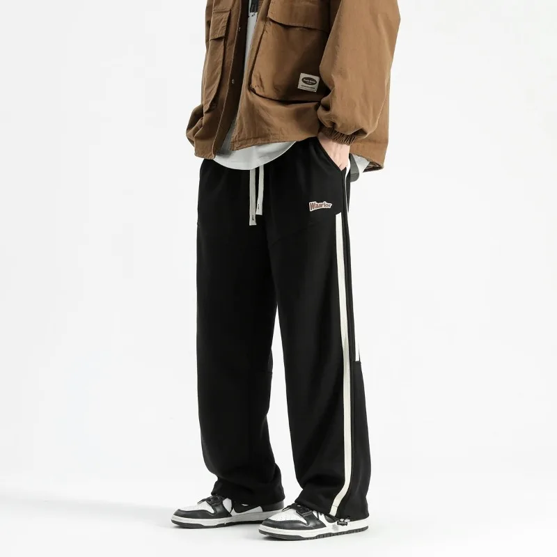Men's Spring Autumn Drawstring Letter Stripe Elastic High Waist Pockets Casual Loose Sports Wide Leg Trousers Fashion Pants