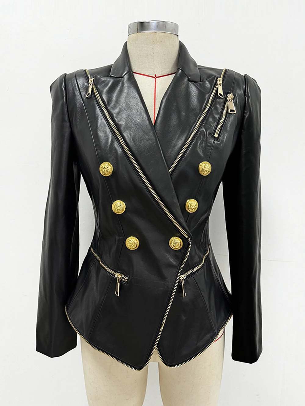 

Modphy 2025, новейший дизайн, украшение на молнии, тонкий черный пиджак из искусственной кожи, двубортный женский модный пиджак с пуговицами