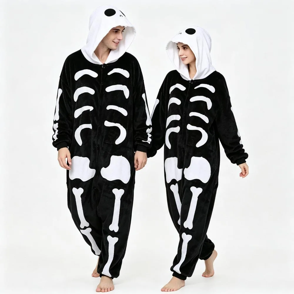 Women Men Adult Animal Cosplay Onesie Pajamas Flannel Hooded Jumpsuit Halloween Party Costume Skeleton Clown Pumpkin Sleep Suit