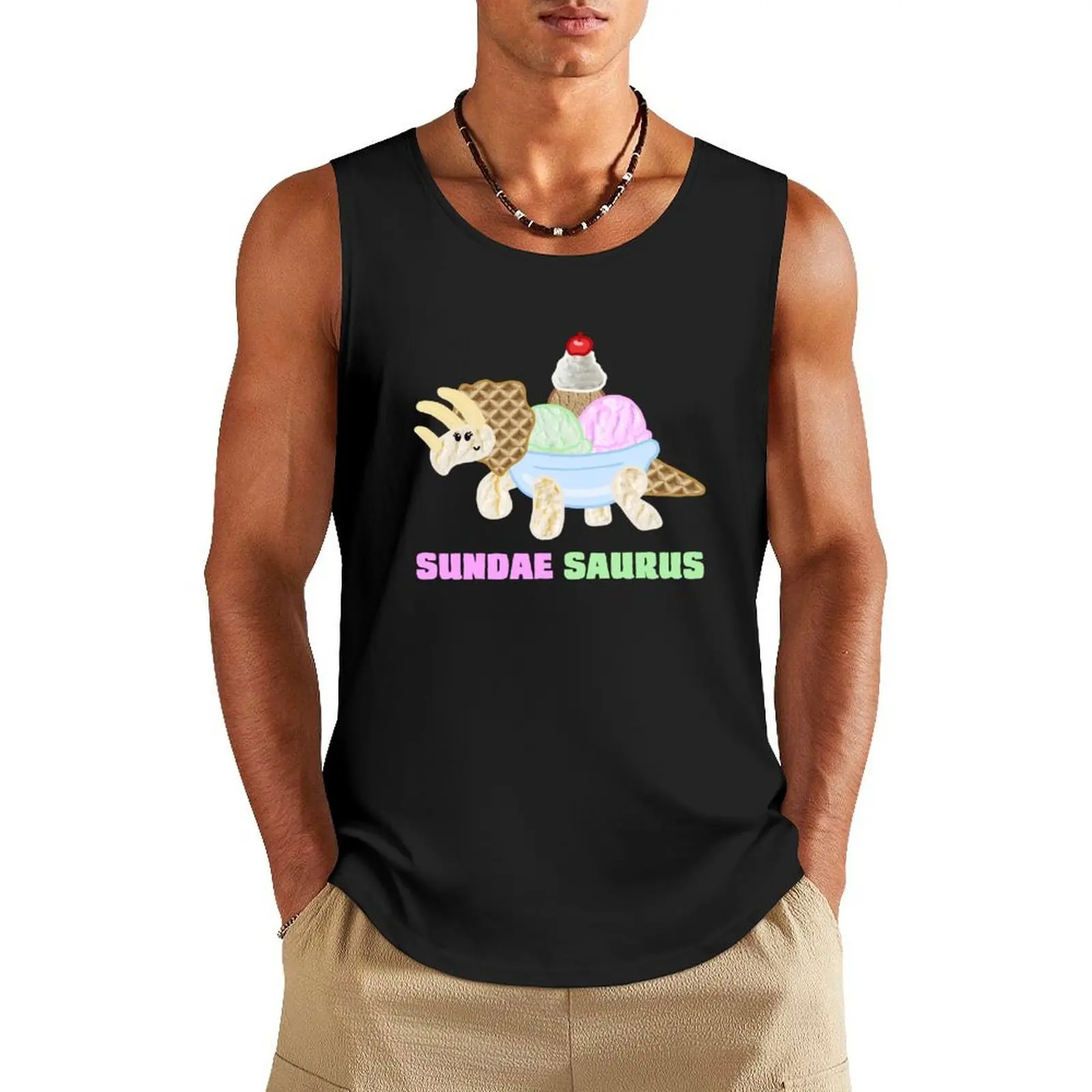 

Sundae Saurus (with text) Tank Top Men's summer clothes 2025 gym t-shirts singlets for men