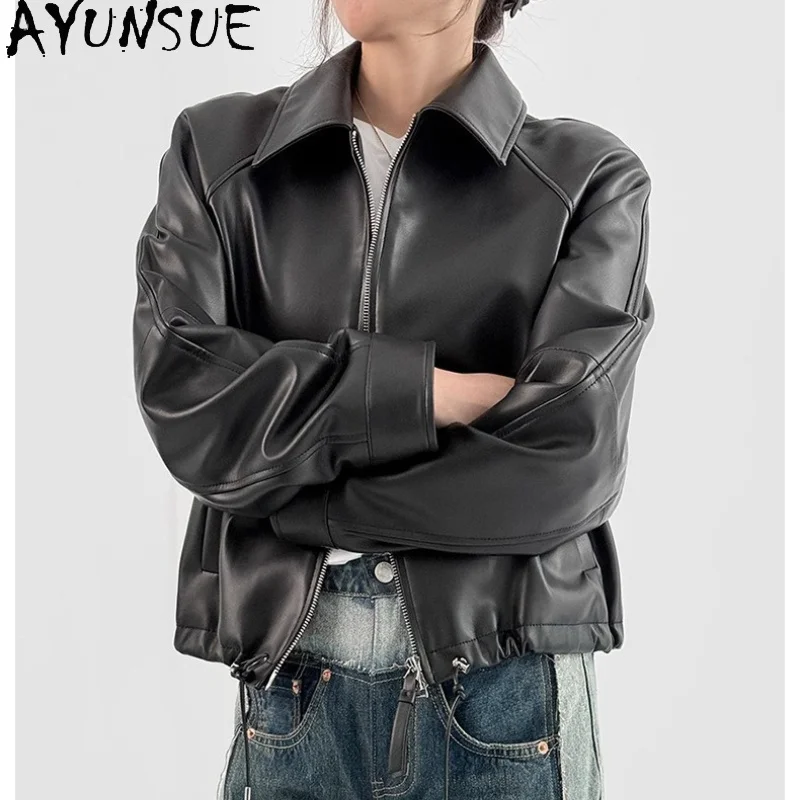 AYUNSUE Women's Real Leather Jacket Casual Loose Sheepskin Long Sleeve Tops Motorcycle Style Black Jacket Woman Clothes Jaqueta
