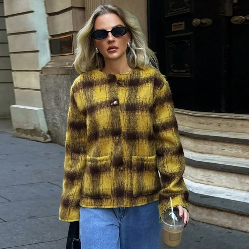 

Talenza Women Vintage Coat Fashion Plaid Contrast Single-Breasted Oversized Coats Autumn High-Street Chic Y2K New Female Coats