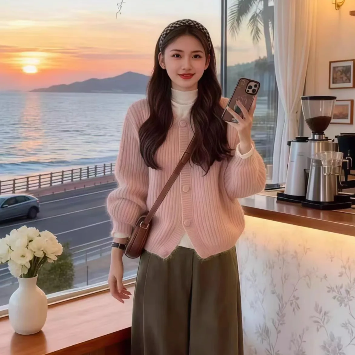 

Милый молодежный розовый вязаный открытый кардиган, свитер, женский осенне-зимний ленивый свитер, красивый мягкий повседневный универсальный топ