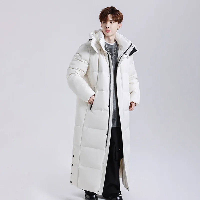 Men Thick Down Jacket Hooded Down Coats Covered Button Outerwear Ankle Length Cardigan Women Winter Spliced 2025 Pockets Casual