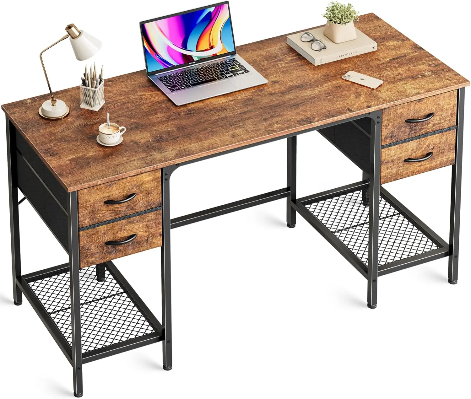 

47 Inch Computer Desk with 4 Drawers, Office Desk with Mesh Shelf, Gaming Desk, Large Storage, Writing Work Desk for Home Office