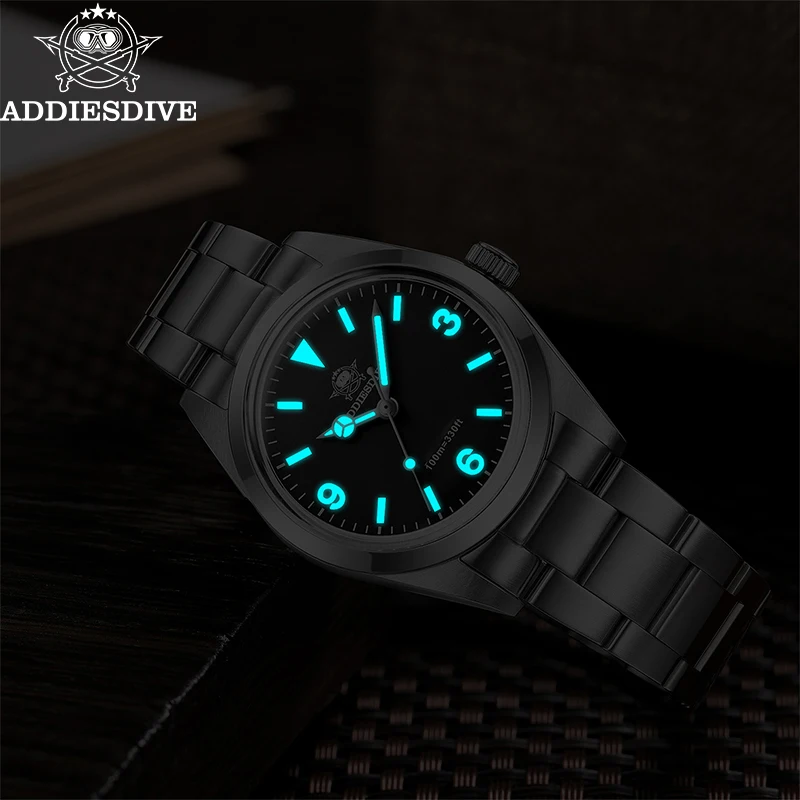 ADDIESDIVE Quartz Watches Men Stainless Steel 36mm Black Dial Diver Wristwatches Bubble Mirror Glass BGW9 Luminous Analog Watch