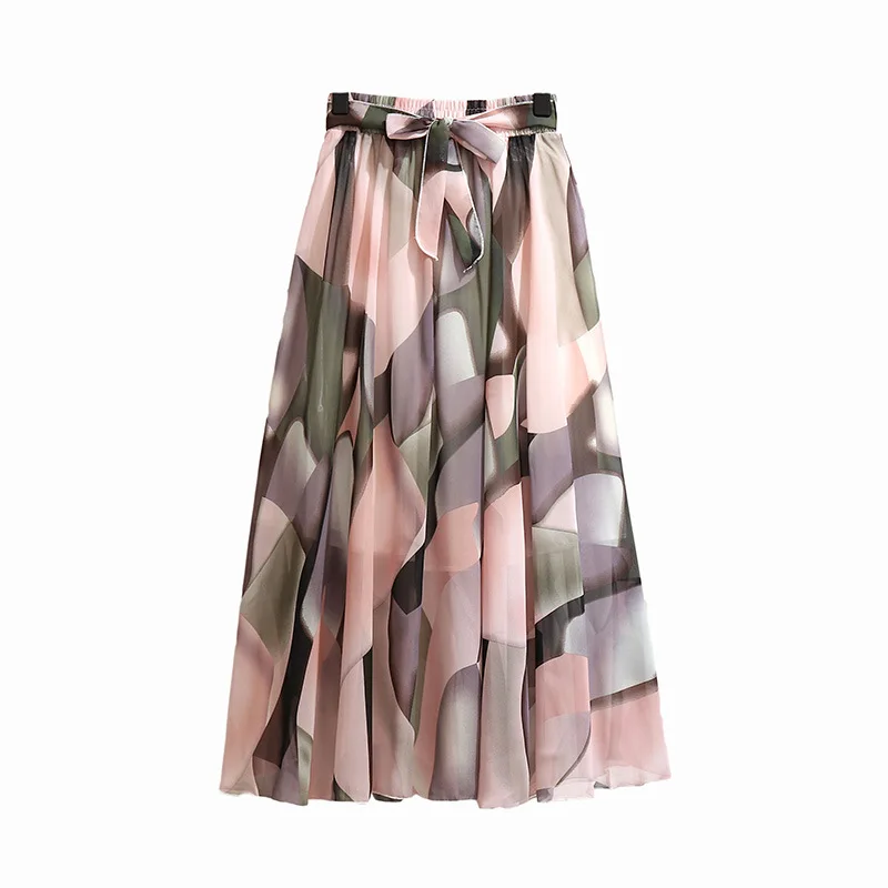 Summer Skirts Women Korean Fashion Office Ladies Commuter Chiffon High Waist A-line Floral Elastic Waist Skirts Pleated Skirt