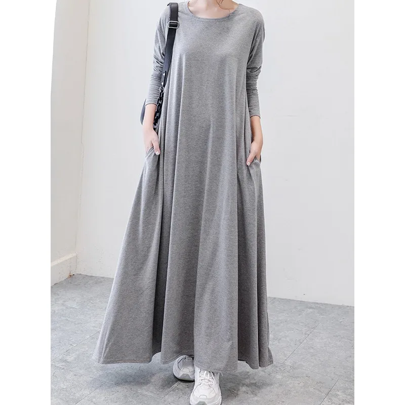 

Tinaa Japanese Style Women's Dresses 2025 Autumn Winter Plus Size Cotton Solid Long Sleeve Pleated Pockets Casual Dress 77844