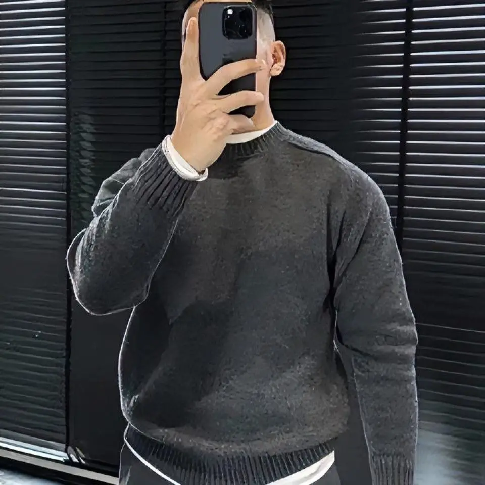 

Мужской вязаный свитер Thiened с круглым вырезом, повседневный, универсальный, осенне-зимний, теплый, однотонный, с эффектом высокого класса