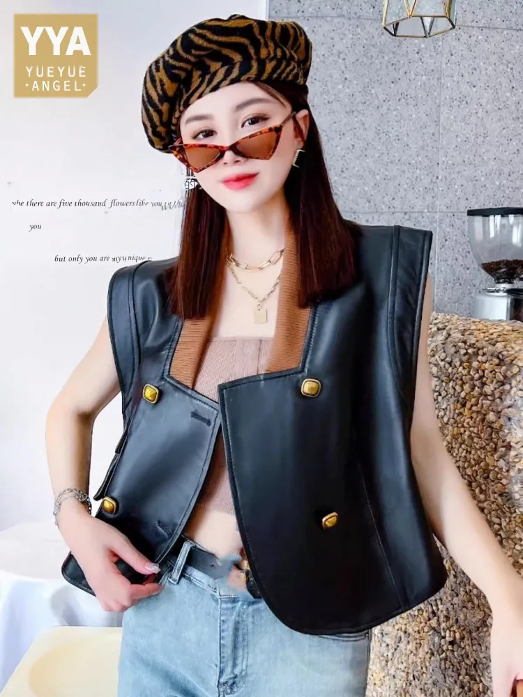 Streetwear Women Spliced Collar Double Breasted Vest Top Sleeveless Natural Sheepskin Genuine Leather Jacket Casual Outwear Coat