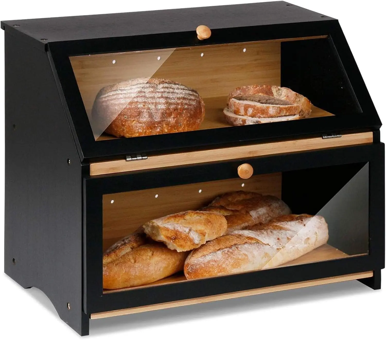 

Double Layer Large Bread Storage Box, Wooden Kitchen Counter Organizer with Clear Window (Black)