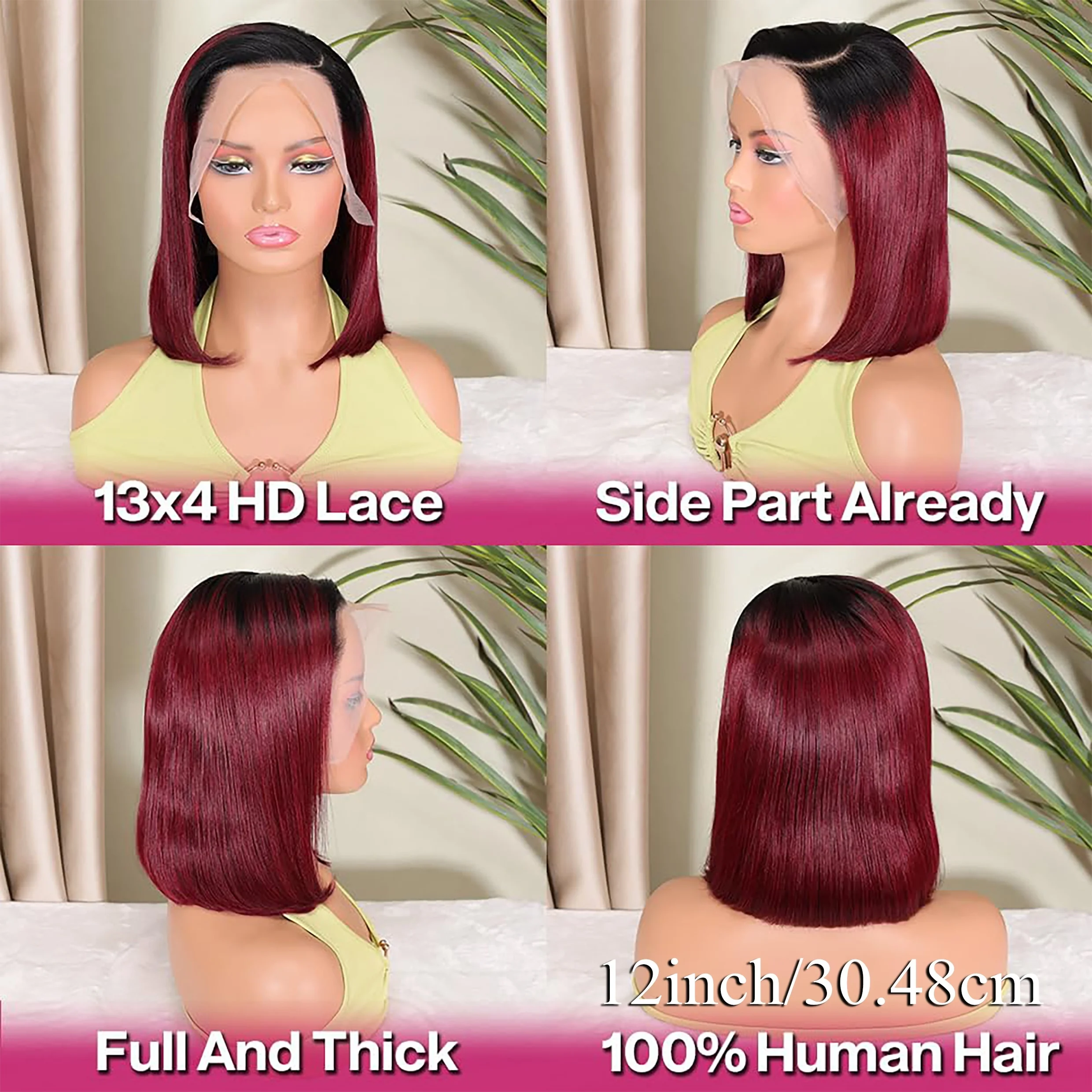 ​ 99J Burgundy Lace Front Short Bob Wigs Human Hair 13x4 Lace Frontal Wigs 99J Short Straight Bob Wigs Natural Hairline For Women