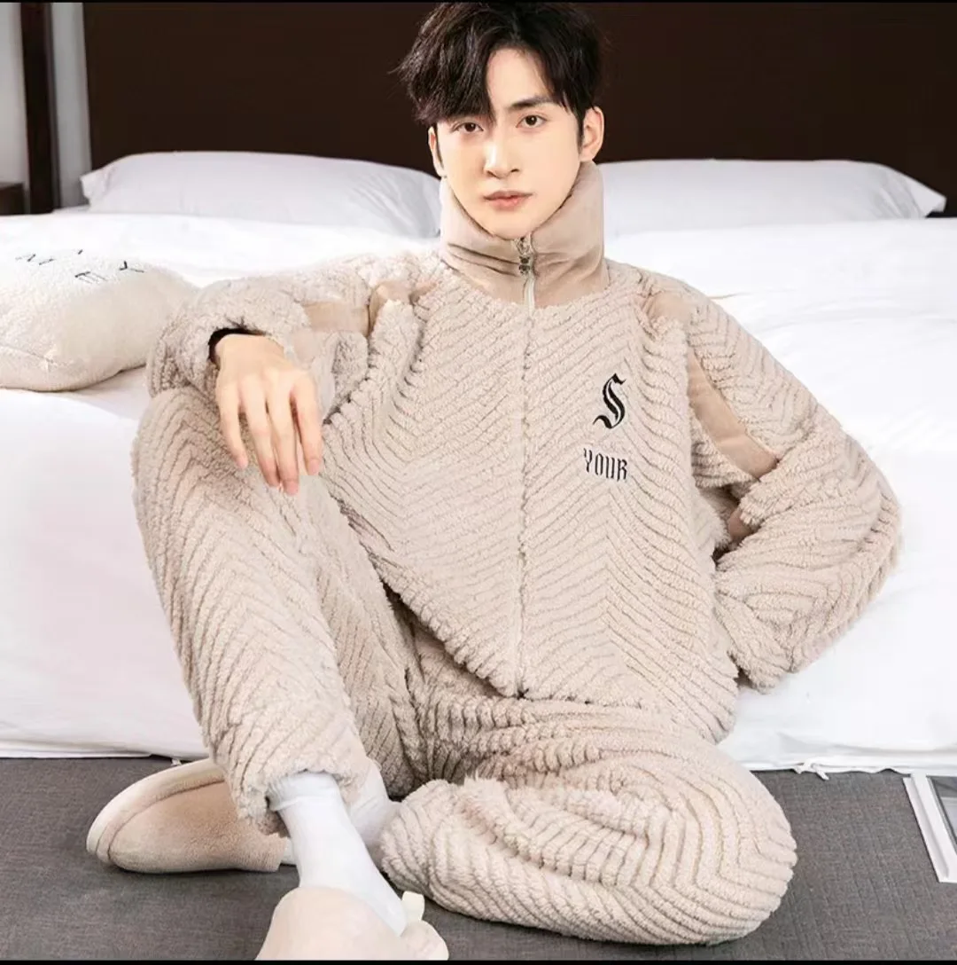 Male Winter Pajamas Coral Fleece Thickened Fleece-lined Teenagers Zipper Homewear Suit Men Stand Collar Warm Nightclothes Sets