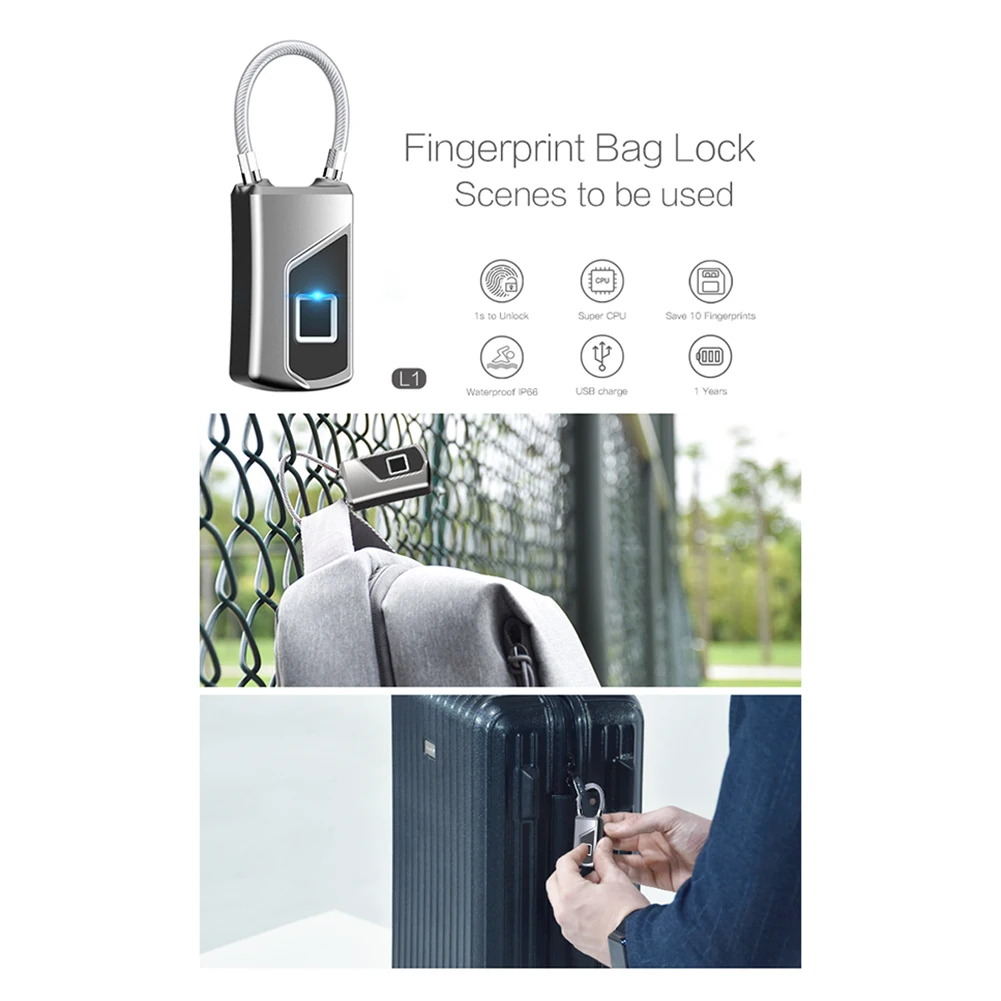 Intelligent Fingerprint Lock Portable Keyless Fingerprint Padlock Waterproof USB Rechargeable for Door Suitcase Backpack Locks