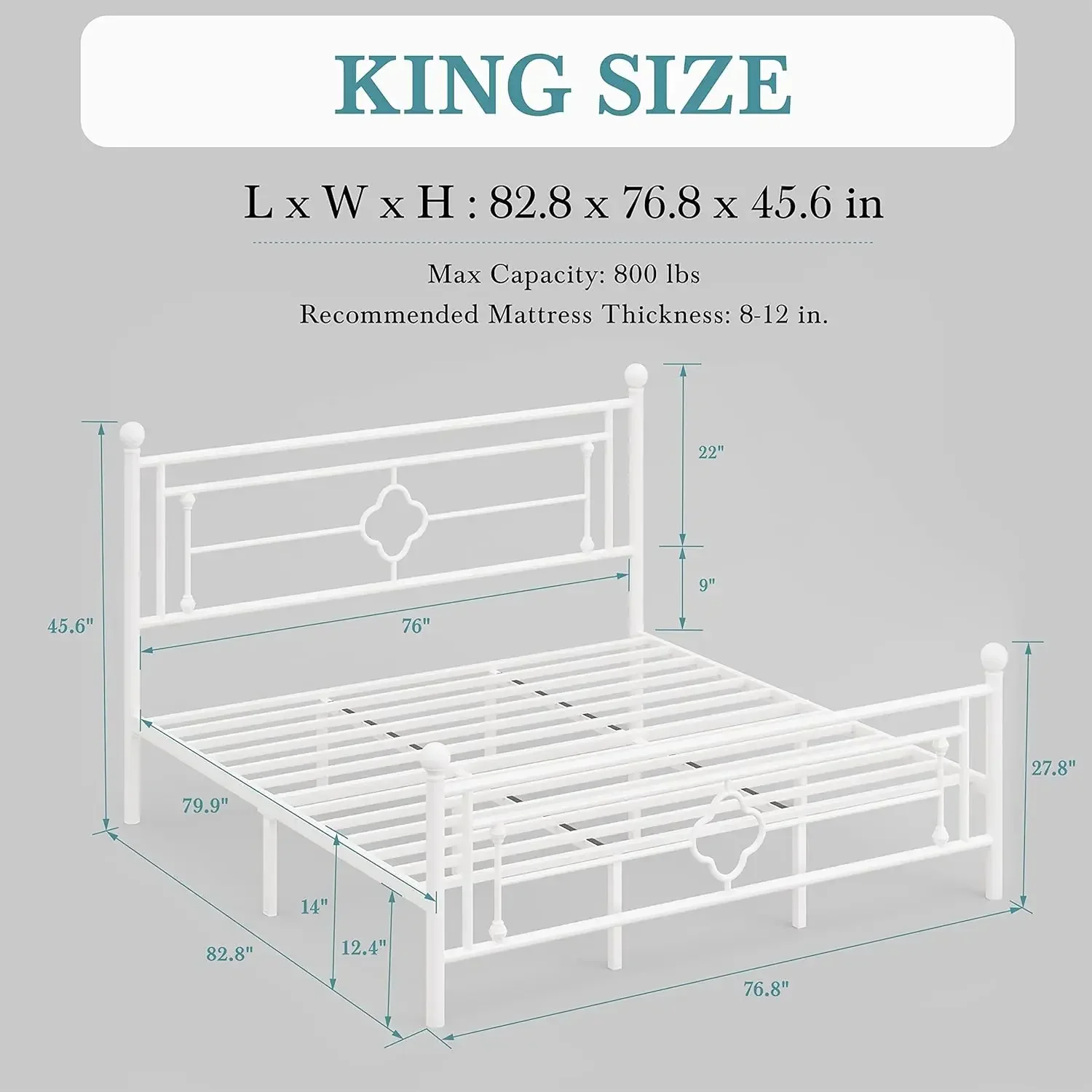 14 Inch King Size Metal Platform Bed Frame, Vintage Victorian Style, Wrought Iron Headboard and Footboard/Mattress Foundation.