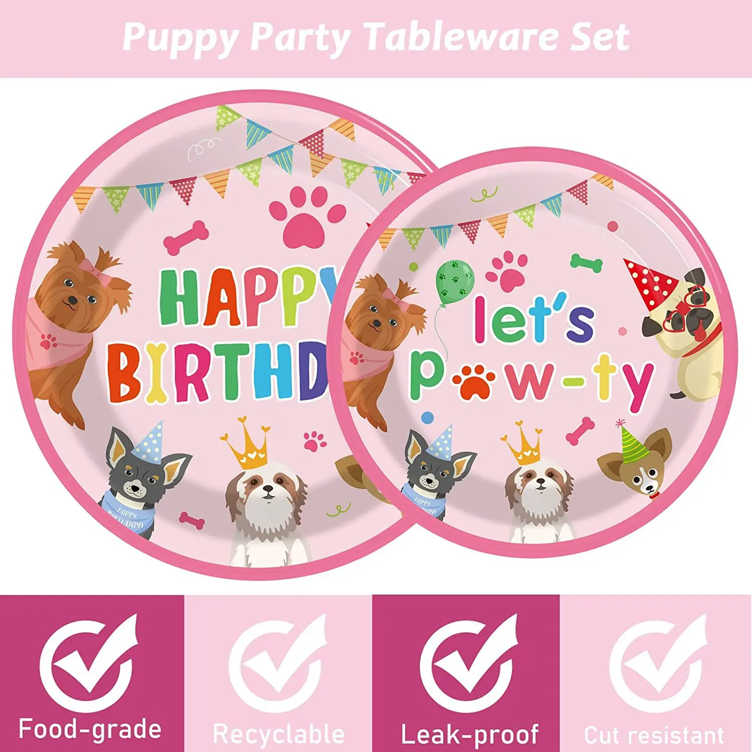 Pink Puppy Paw Themed Birthday Party Tableware Decorations, Dog Paw Party Supplies, Print Banner, Paper Plates, Cup, Napkins