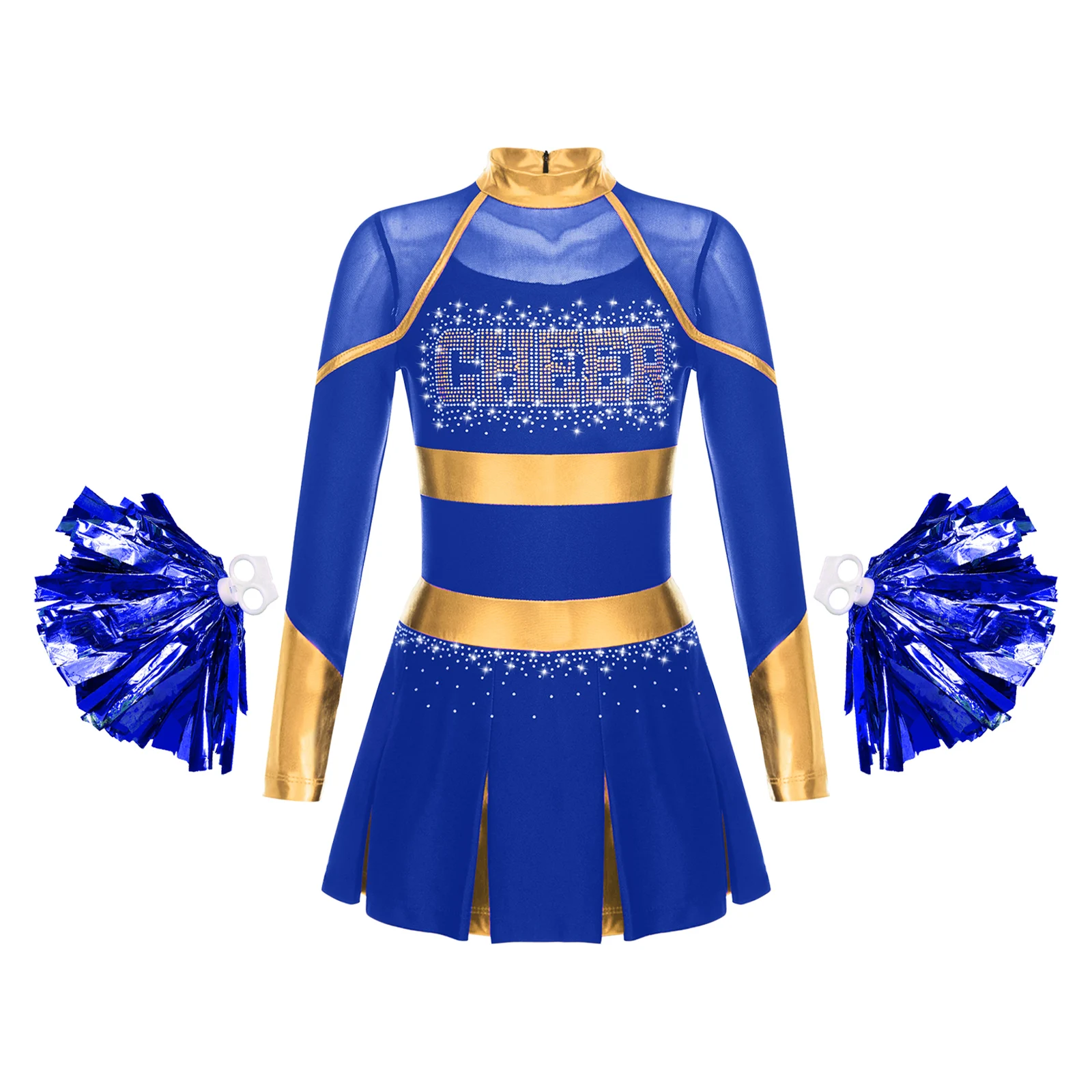 Kinder Mädchen Cheerleading Uniform Cheerleader Tanzkostüm Glitzernde Strasssteine Metallic Plissee Kleid mit 2 Stück Handblumen – Detail 15