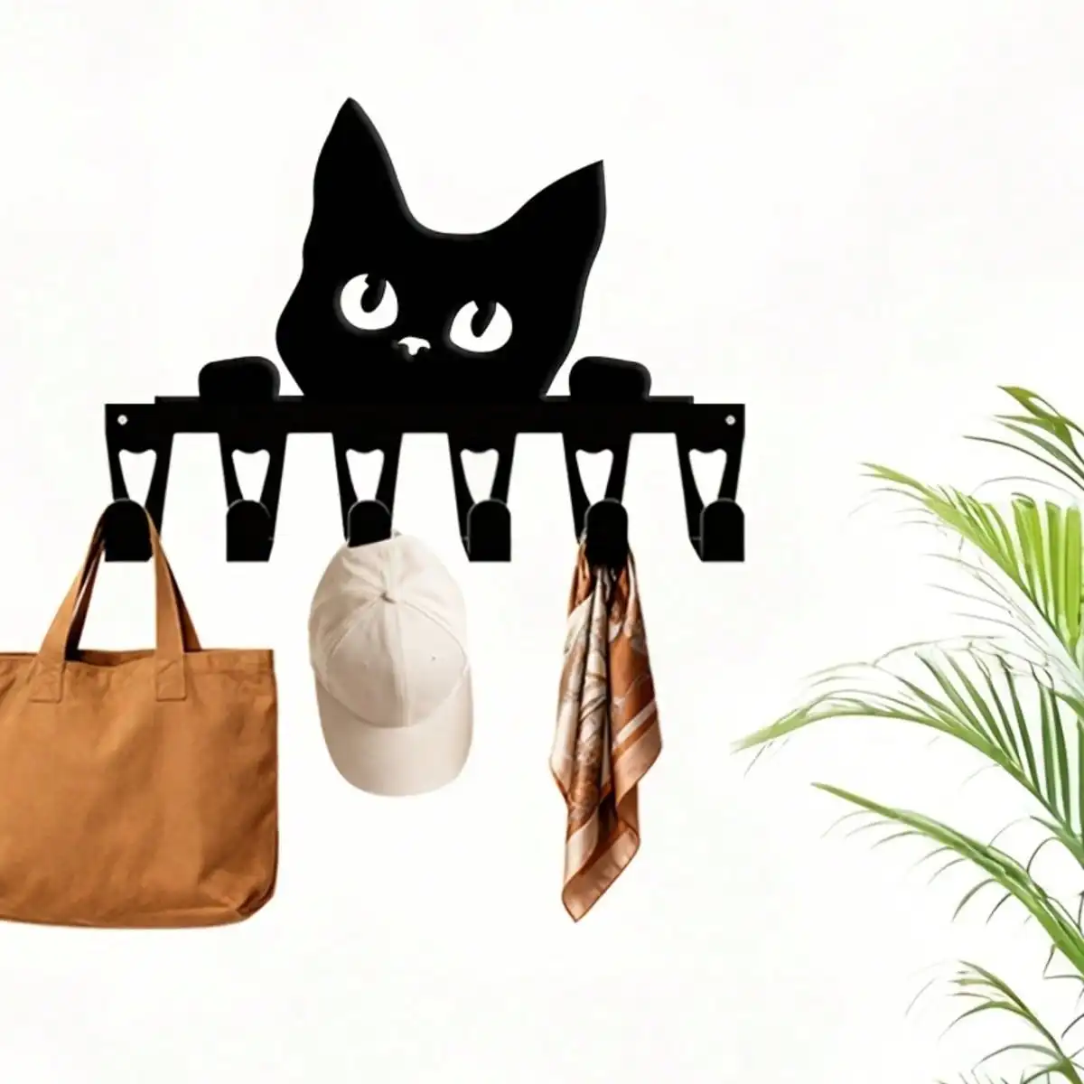 Minimalist Black Cat Wall Mounted Key Rack 6 Hook Iron Key Organizer Cute Cat Shape Key Hanger Cat Themed Wall Decor