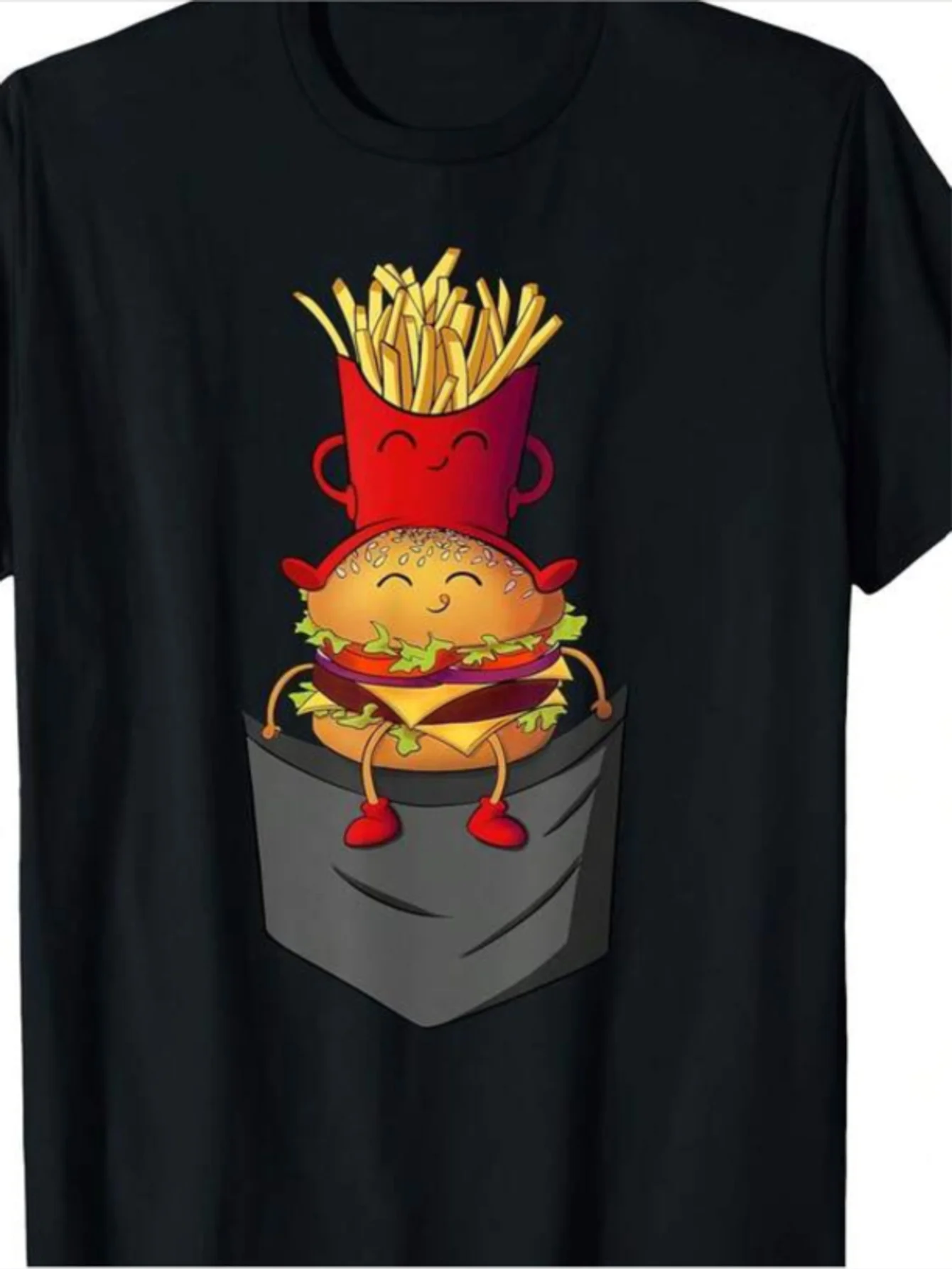 Men's T Shirt Black Cotton Breathable Cartoon Burger Fries Pocket Graphic Print For Casual Daily Streetwear Wear