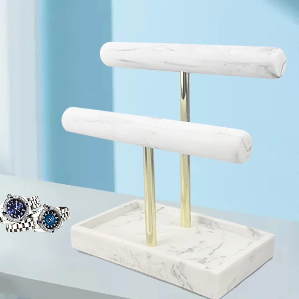 

2 Tier T-bar Marble Jewelry Display Stand Bracelet Necklace Watch Holder White