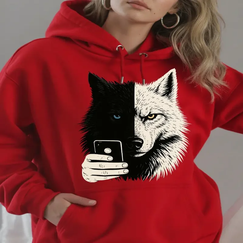 

Yin Yang Wolf Print Hoodie Black White Casual Attire Spacious Kangaroo Pocket Cozy Warm Design Fall Winter Everyday Daily Wear