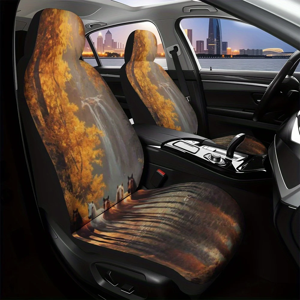 2pcs, Decorative Wild Horses Autumn Waterfall Forest Pattern Car Seat Covers, Washable And Foldable, Adds Attractive Visual Acc