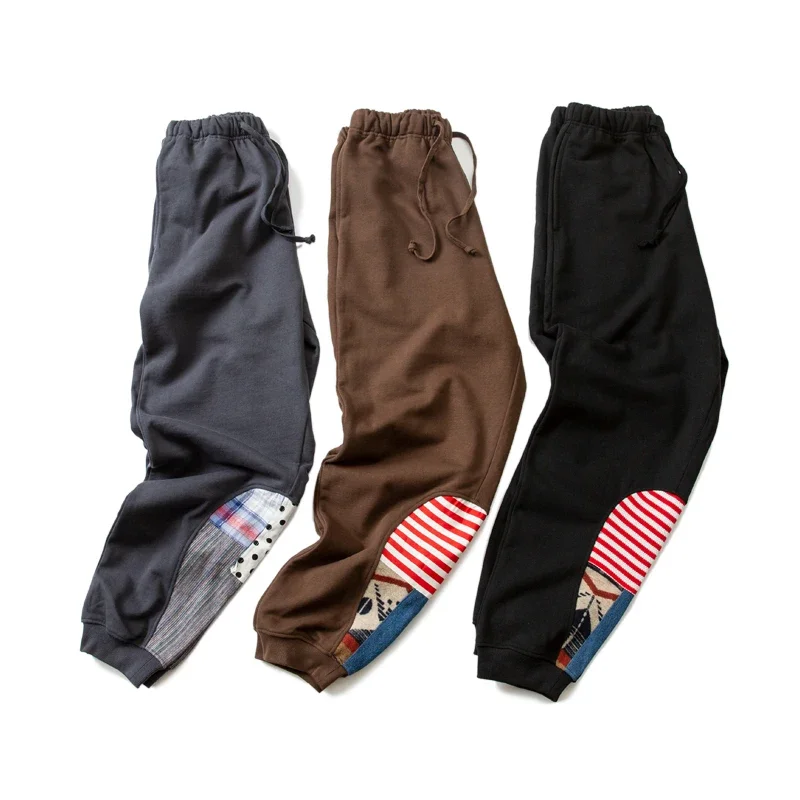 

Japanese Retro Heavy Weight Cotton Sanitary Pants Ethnic Style Water Drop Splicing Elements Men's Elastic Waist Casual