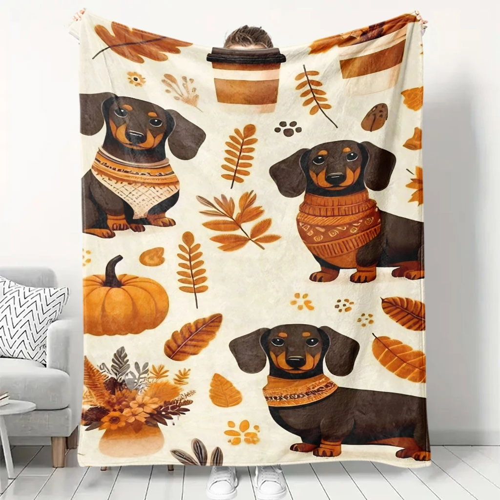 Cream Base Dachshund Pumpkin Fall Leaves Coffee Cup Full Print Fluffy Throw Blanket, Warm Soft Couch Autumn Pet Home Gift