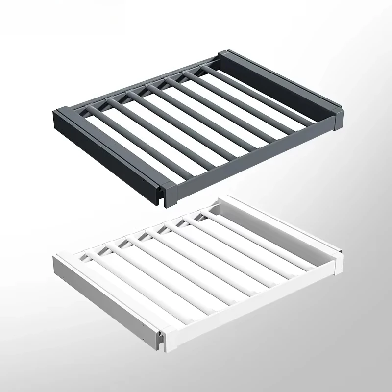 Aluminum trouser rack with pull-out feature wardrobe accessories for clothing storage, including hanger