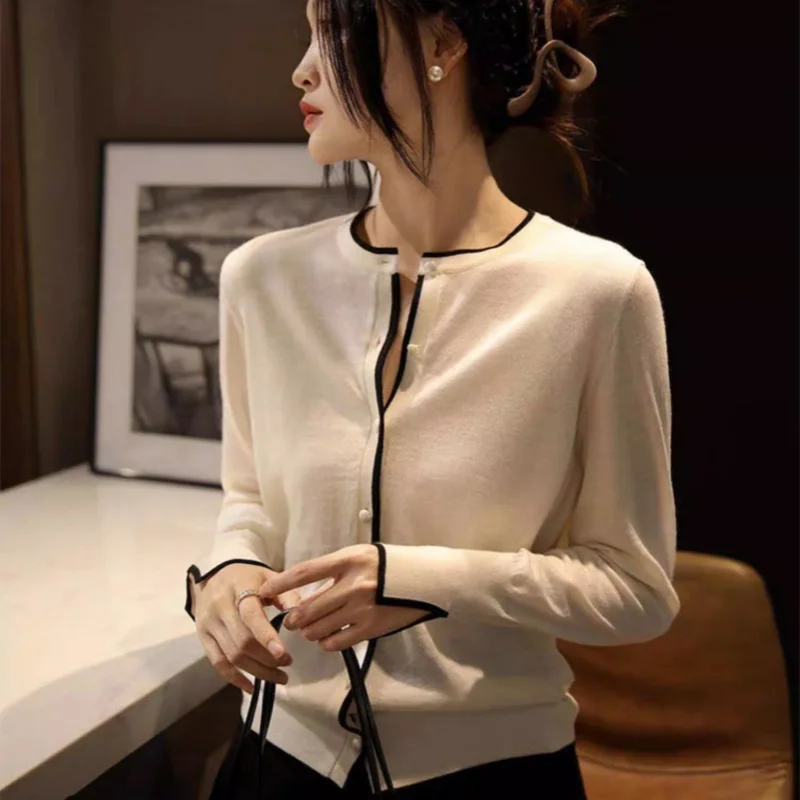 

New women's O-neck cardigan, spun wool sweater, slim fit, fashionable long sleeved knitted women's thin jacket, summer sweater