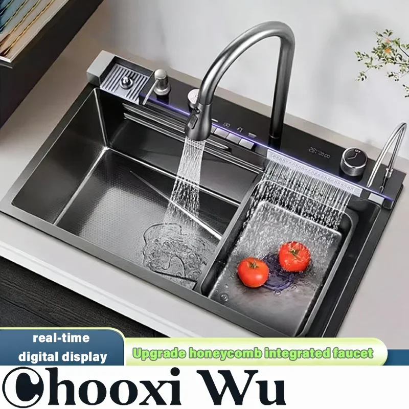 

CHOOXIWU - Digital Fly Rain Waterfall Sink Embossed Nano 304 Stainless Steel Large Single Bowl Black Kitchen Washbasin
