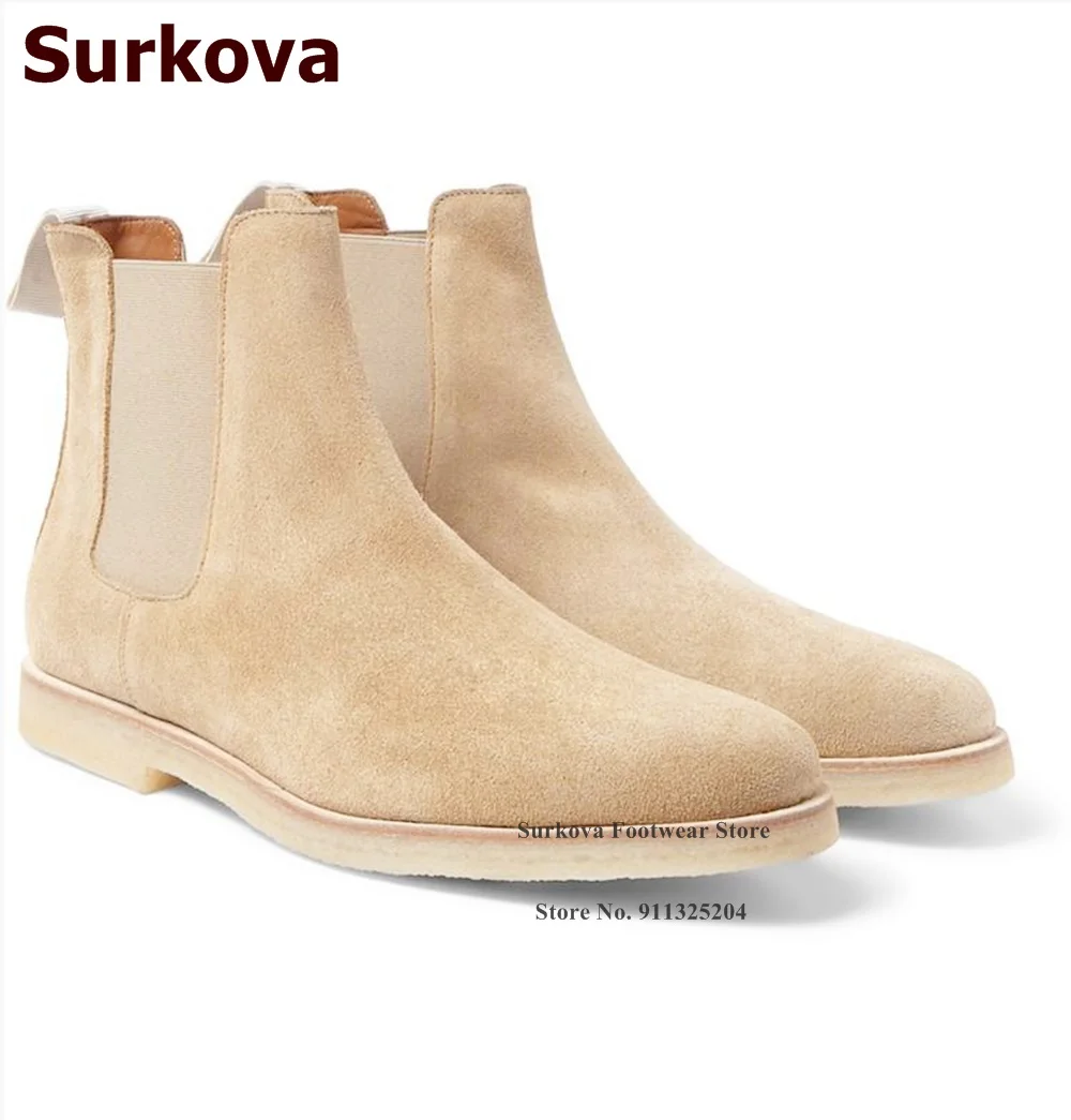 

Surkova Men Luxury Loafers High Top Ankle Boots Real Suede Elastic Band Patchwork Motorcycle Booties Cowboy Casual Shoes Size46