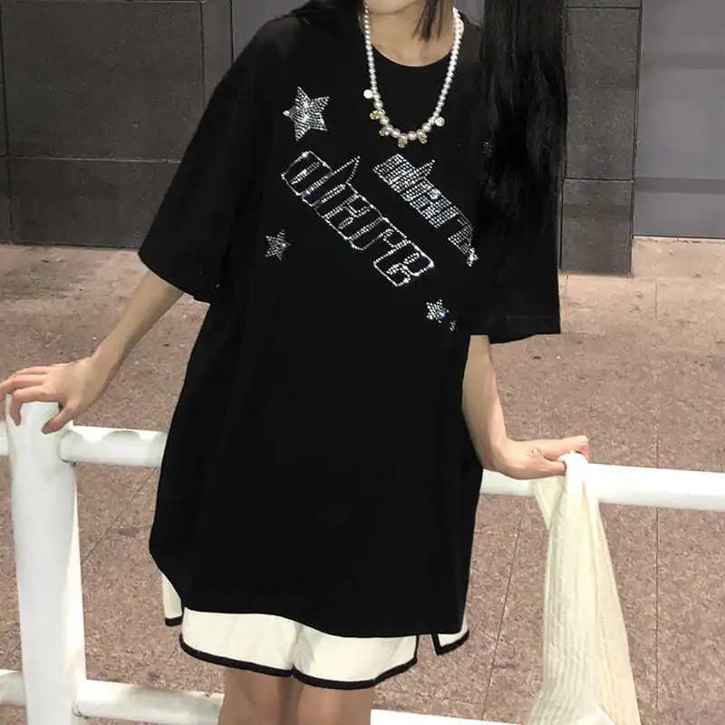 

Glitter Star Goth Hip Hop Black Tshirt Y 2k Girls 90s Vintage Grunge Emo Fashion Short Sleeve Tees Top Women Harajuku Streetwear