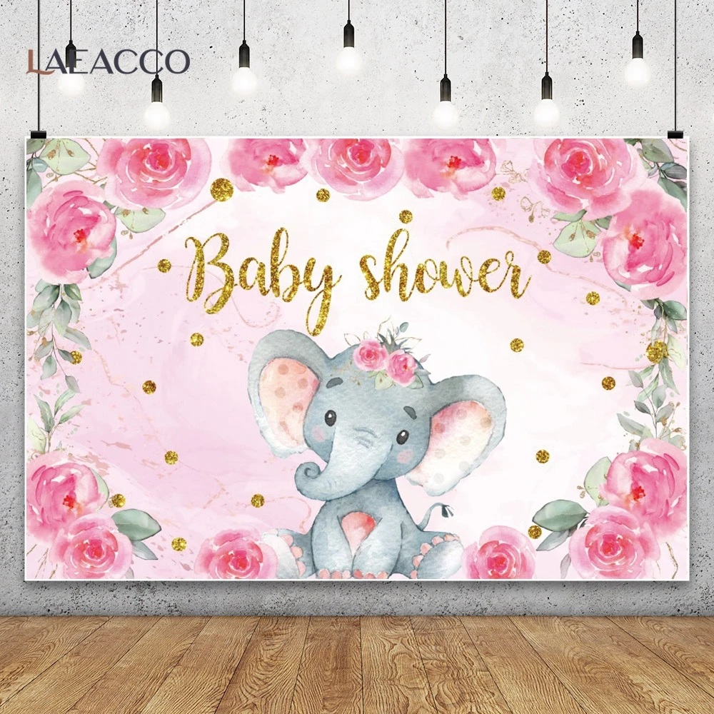 Cartoon Elephant Baby Shower Boy Girl Birthday Party Photography Background Blue Pink Flowers Decor Newborn Portrait Backdrop