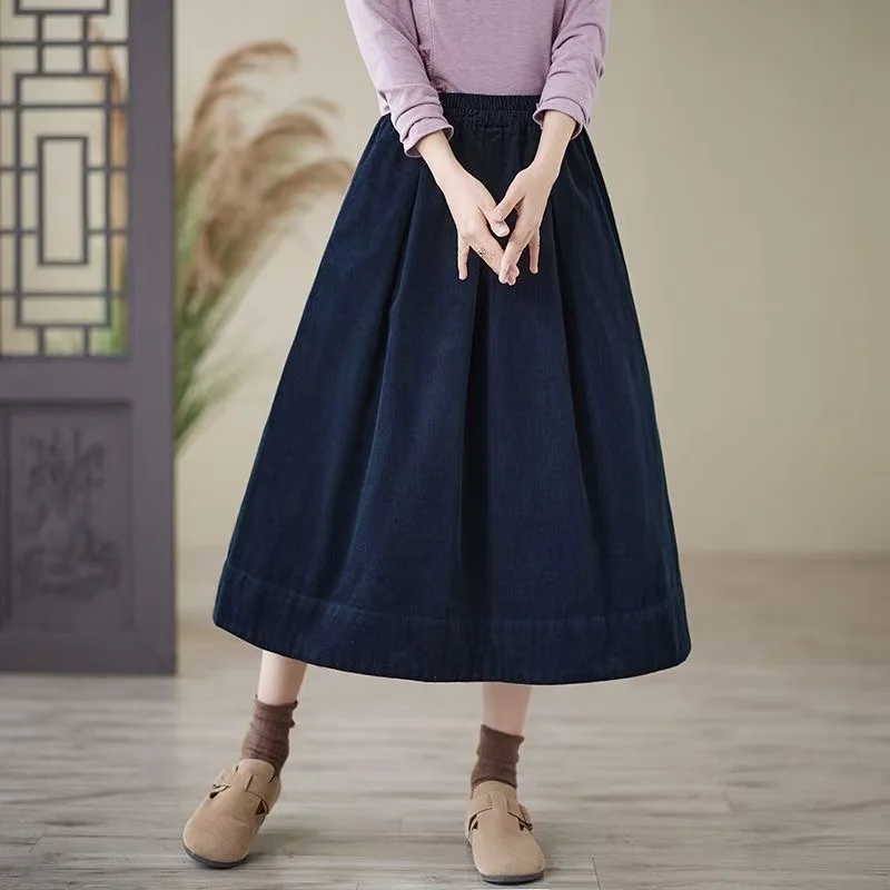 Spring Autumn Arts Style Women High Waist Loose Long Skirt All-matched Casual Cotton Corduroy A-line Skirt Femme Saias