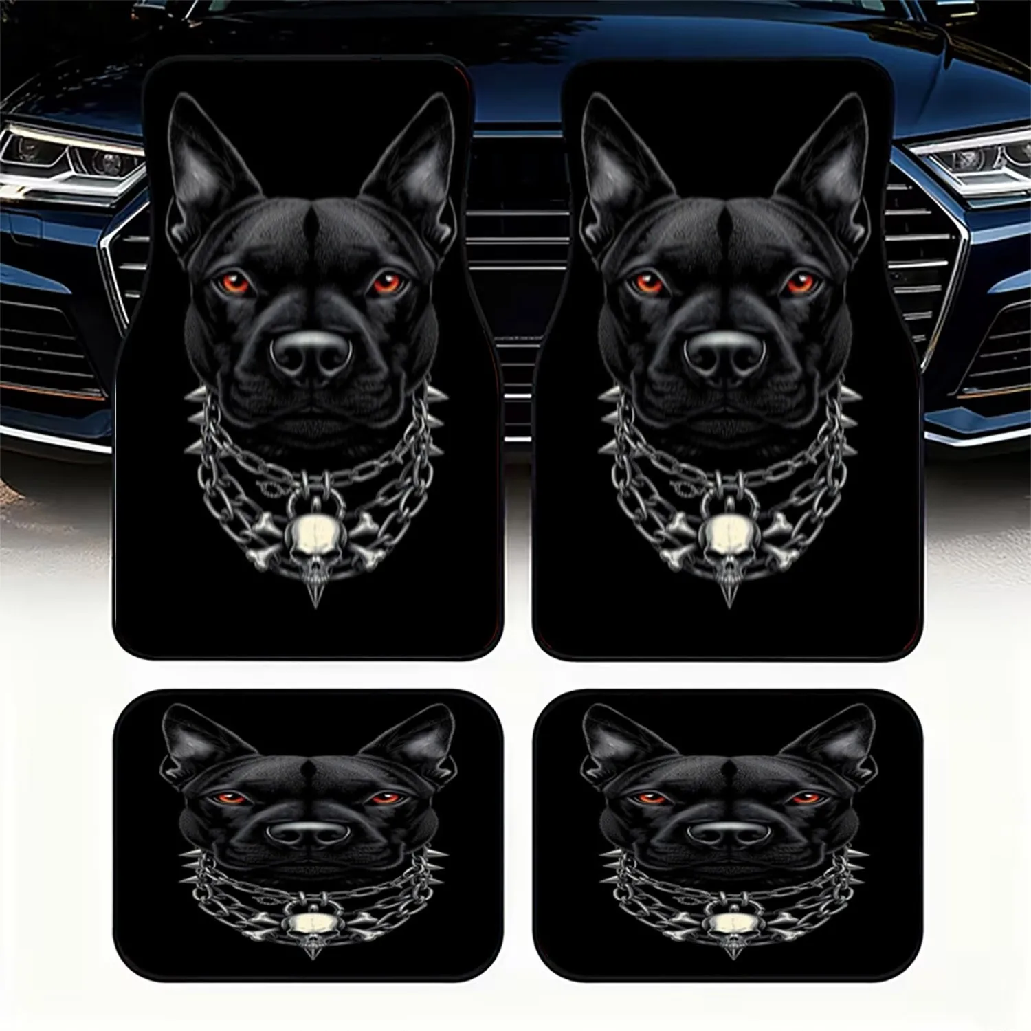 4pcs Car Floor Mats, Material, Stylish Design With Black Dog & Silvery Skull Pendant, Suitable For Car Interior Decoration, Dura