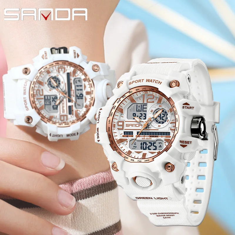 SANDA G-Style Ladies Watches Waterproof Outdoor Casual Clock Sports Military Women Watch Quartz Digital Dual-display Wristwatch