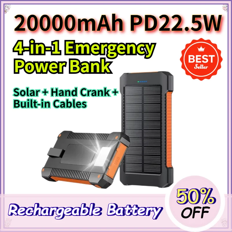 

20000mAh 22.5W PD Power Bank with Built in Cables Solar Panel Hand Crank 4 in 1 Emergency Charger