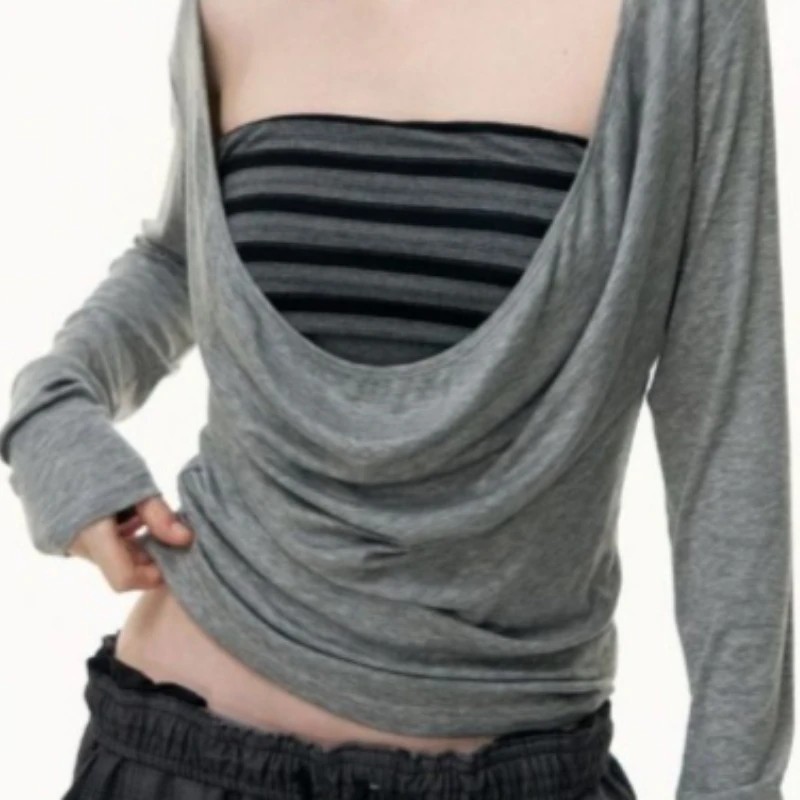 

Женские осенние топы-футболки в американском ретро-стиле с длинными рукавами, широким вырезом, имитация двухслойности, новые, удобные, модные, дизайнерские