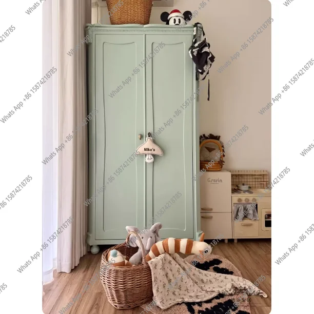 

American simple double door wardrobe green locker French retro bedroom storage wardrobe design